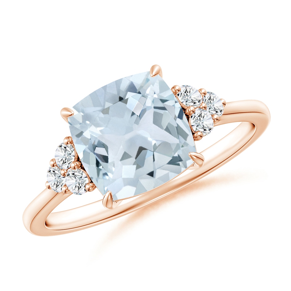 8mm A Cushion Aquamarine Engagement Ring with Trio Diamonds in Rose Gold 