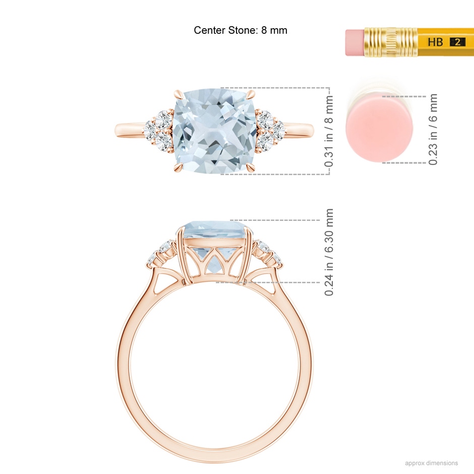 8mm A Cushion Aquamarine Engagement Ring with Trio Diamonds in Rose Gold ruler