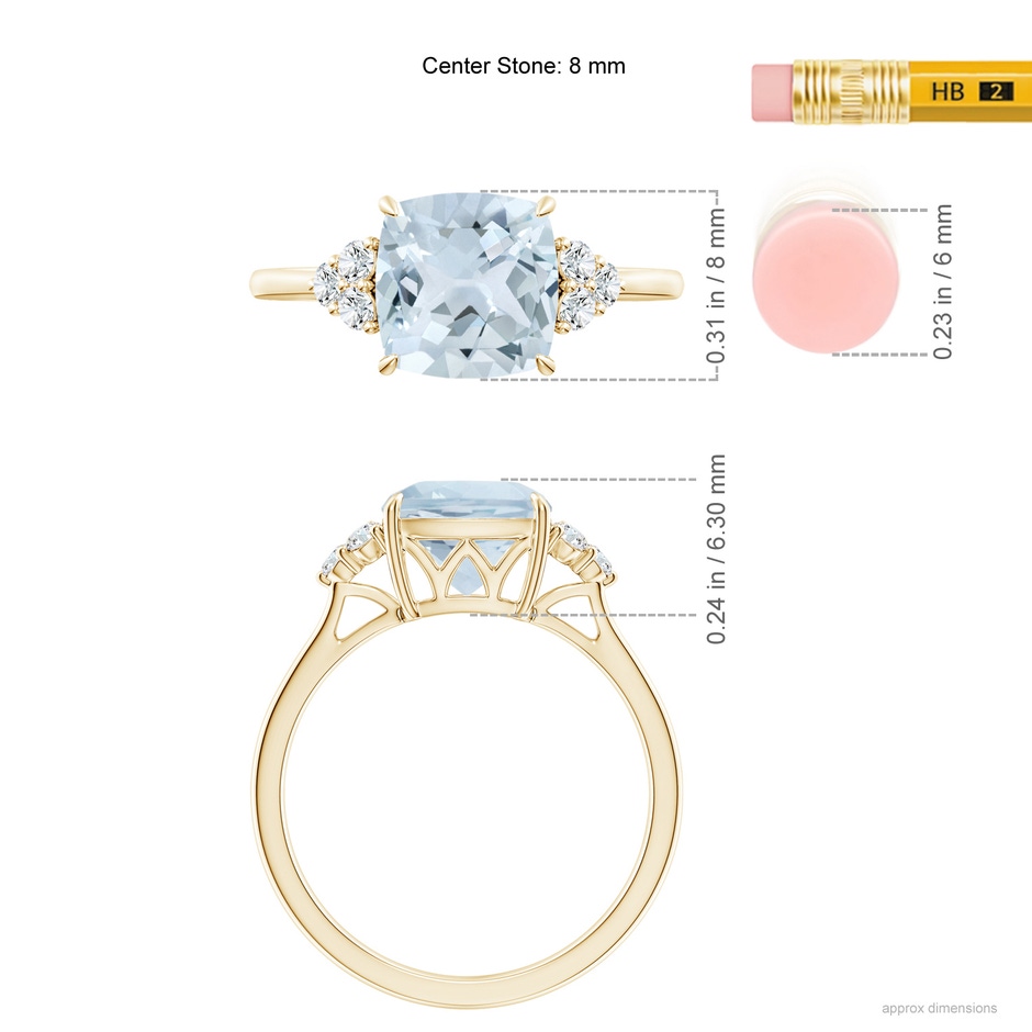8mm A Cushion Aquamarine Engagement Ring with Trio Diamonds in Yellow Gold ruler