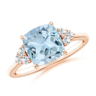 8mm AA Cushion Aquamarine Engagement Ring with Trio Diamonds in 10K Rose Gold