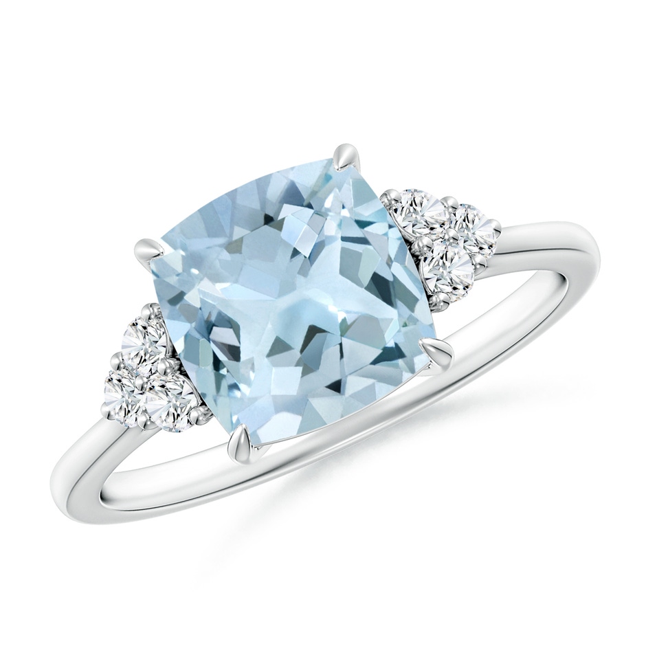8mm AA Cushion Aquamarine Engagement Ring with Trio Diamonds in P950 Platinum 