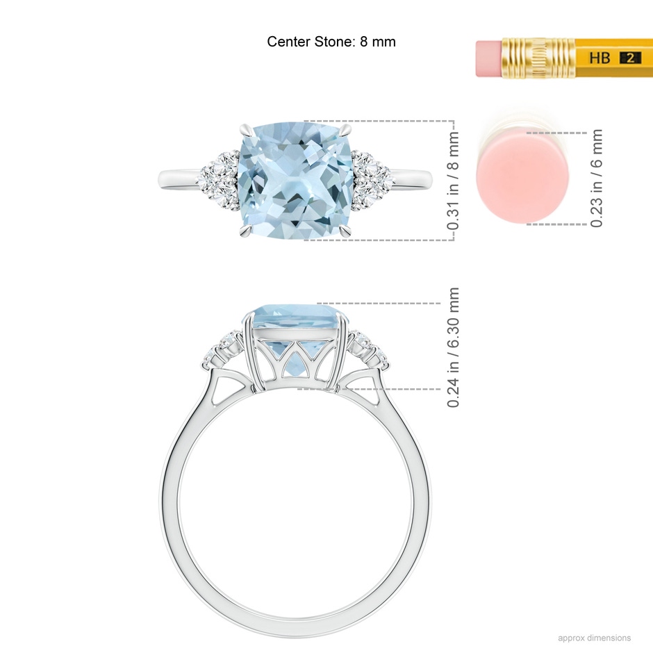 8mm AA Cushion Aquamarine Engagement Ring with Trio Diamonds in P950 Platinum ruler
