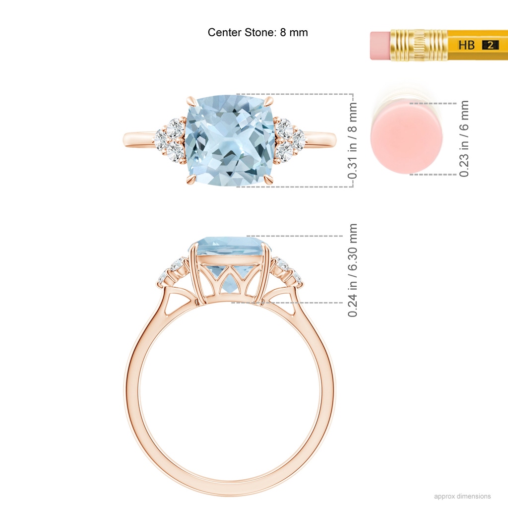 8mm AA Cushion Aquamarine Engagement Ring with Trio Diamonds in Rose Gold Ruler