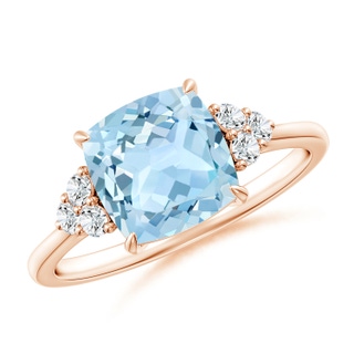 8mm AAA Cushion Aquamarine Engagement Ring with Trio Diamonds in Rose Gold