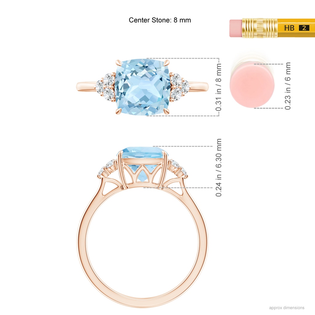 8mm AAA Cushion Aquamarine Engagement Ring with Trio Diamonds in Rose Gold Ruler