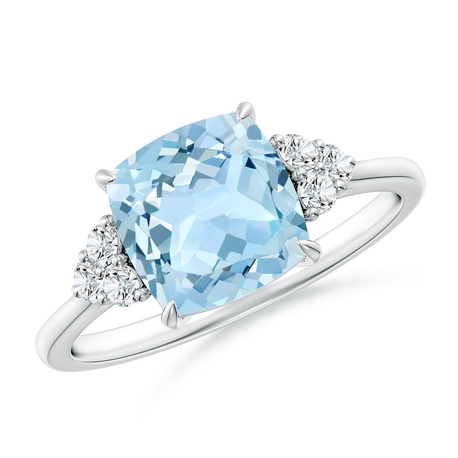 8mm AAA Cushion Aquamarine Engagement Ring with Trio Diamonds in White Gold 