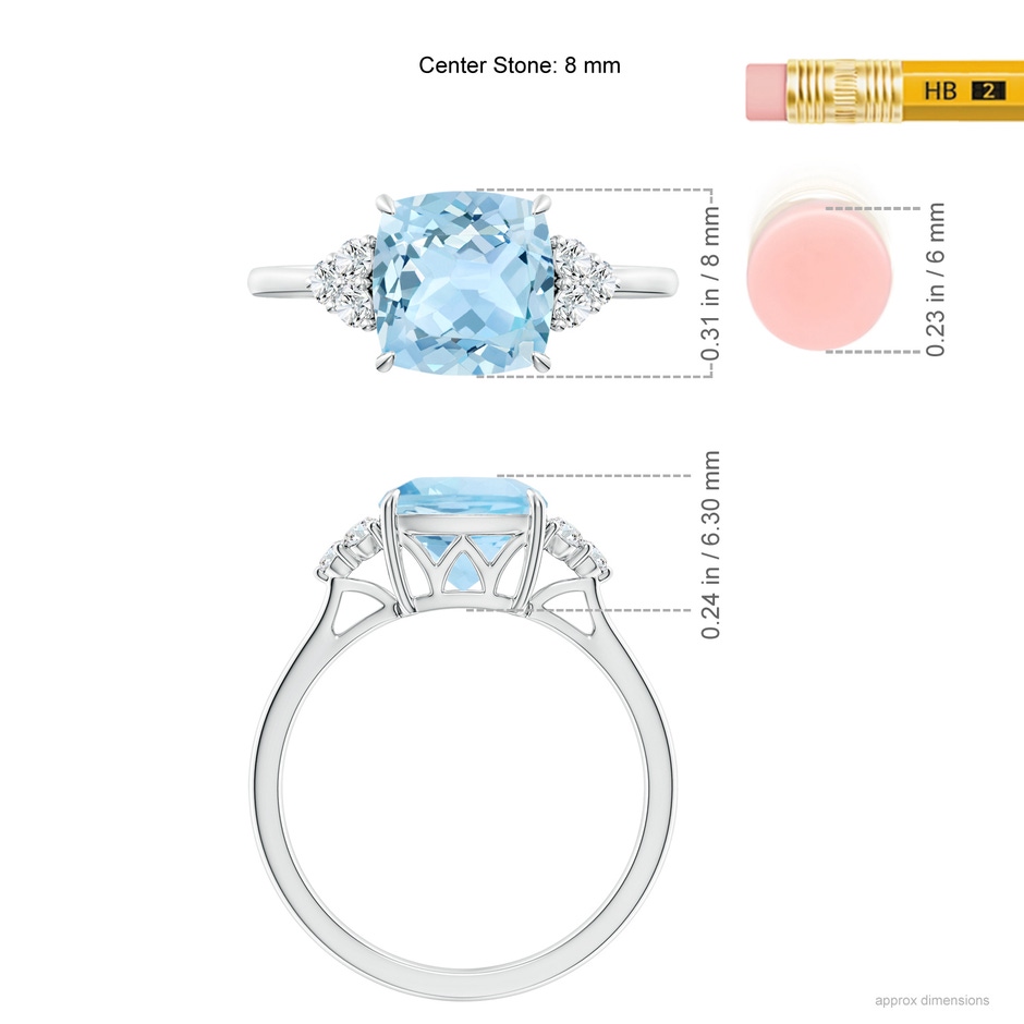 8mm AAA Cushion Aquamarine Engagement Ring with Trio Diamonds in White Gold ruler