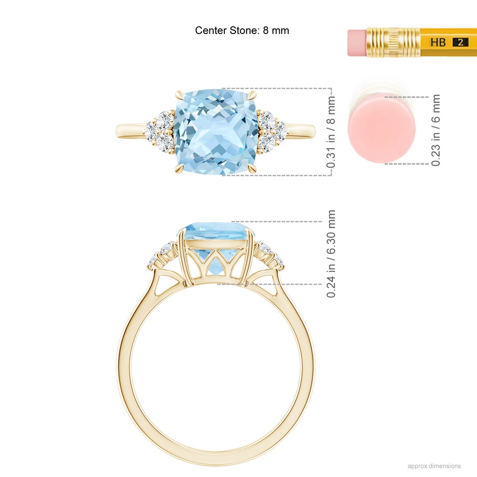 8mm AAA Cushion Aquamarine Engagement Ring with Trio Diamonds in Yellow Gold ruler