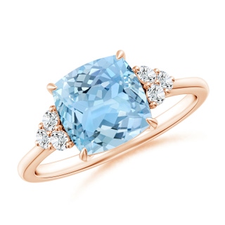 8mm AAAA Cushion Aquamarine Engagement Ring with Trio Diamonds in 10K Rose Gold