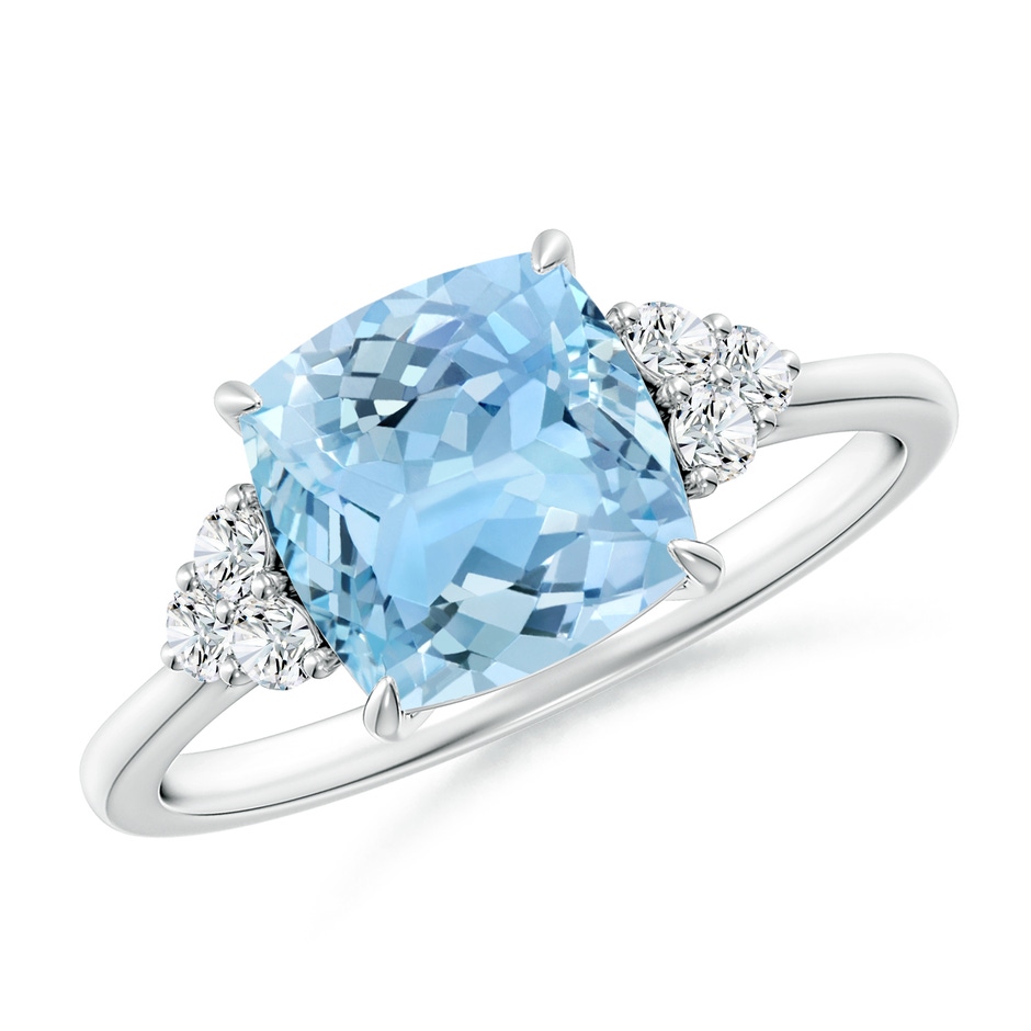 8mm AAAA Cushion Aquamarine Engagement Ring with Trio Diamonds in White Gold 