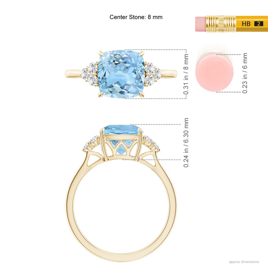 8mm AAAA Cushion Aquamarine Engagement Ring with Trio Diamonds in Yellow Gold ruler