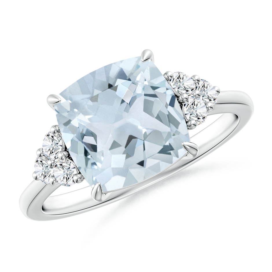 9mm A Cushion Aquamarine Engagement Ring with Trio Diamonds in P950 Platinum 