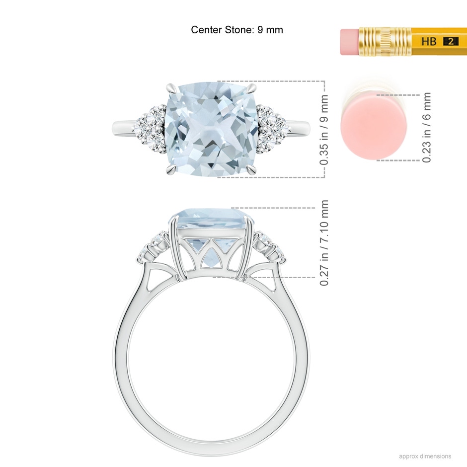 9mm A Cushion Aquamarine Engagement Ring with Trio Diamonds in P950 Platinum ruler