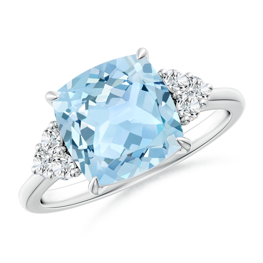 9mm AAA Cushion Aquamarine Engagement Ring with Trio Diamonds in White Gold