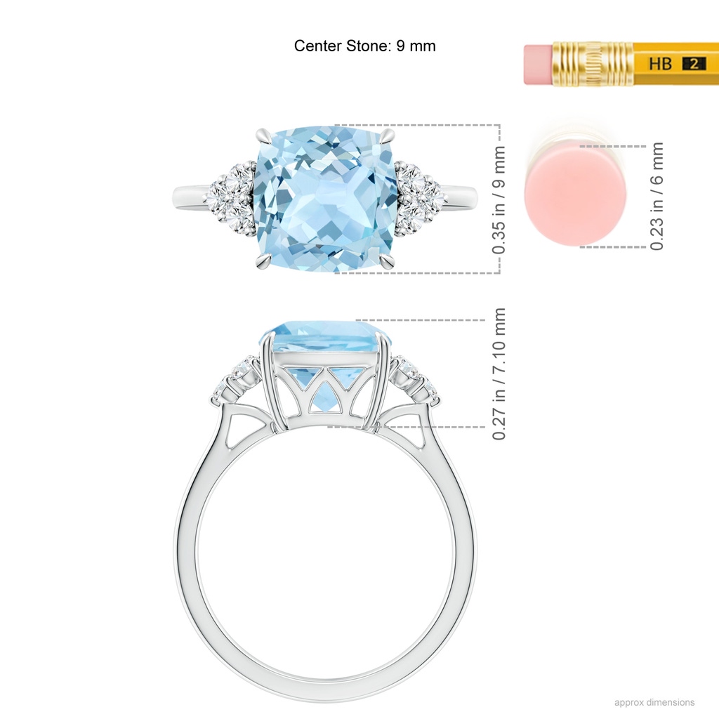 9mm AAA Cushion Aquamarine Engagement Ring with Trio Diamonds in White Gold Ruler