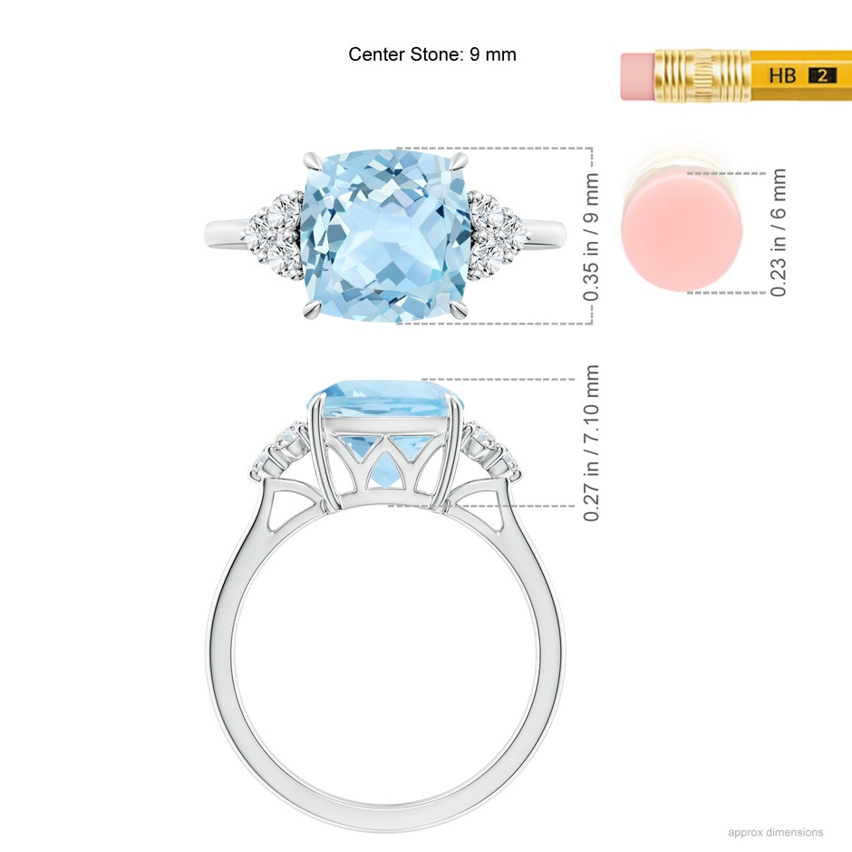 9mm AAA Cushion Aquamarine Engagement Ring with Trio Diamonds in White Gold ruler