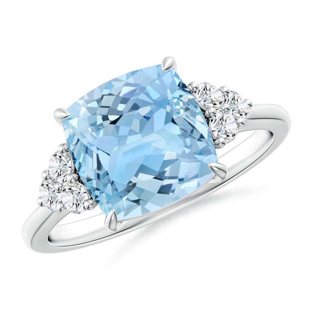 9mm AAAA Cushion Aquamarine Engagement Ring with Trio Diamonds in P950 Platinum 