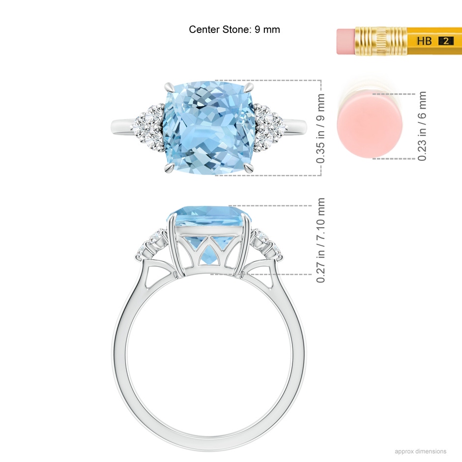 9mm AAAA Cushion Aquamarine Engagement Ring with Trio Diamonds in P950 Platinum ruler
