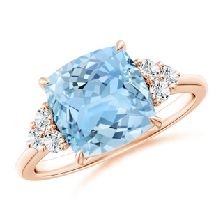 9mm AAAA Cushion Aquamarine Engagement Ring with Trio Diamonds in Rose Gold