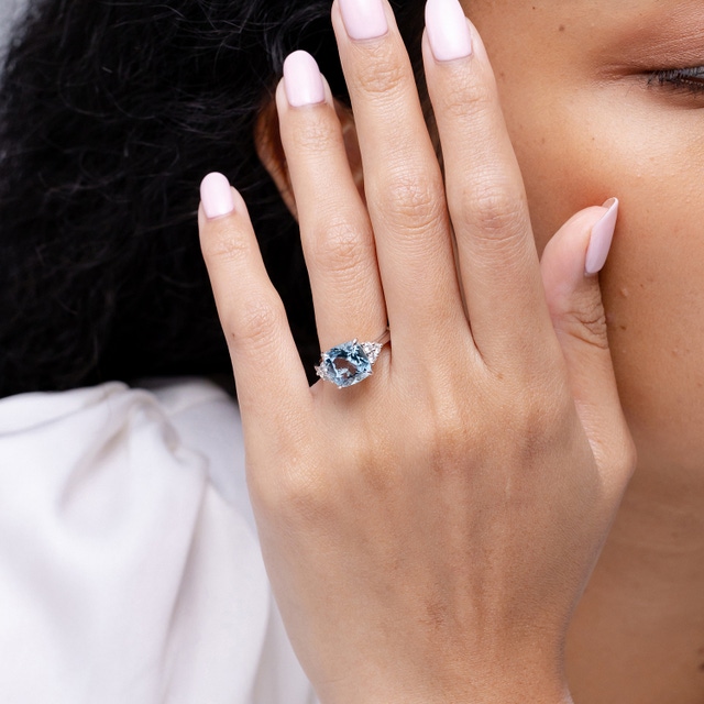 Cushion Aquamarine Engagement Ring with Trio Diamonds