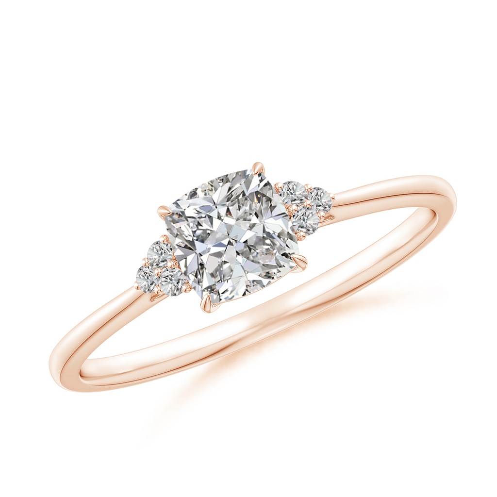 5mm IJI1I2 Cushion Diamond Engagement Ring with Trio Diamonds in Rose Gold
