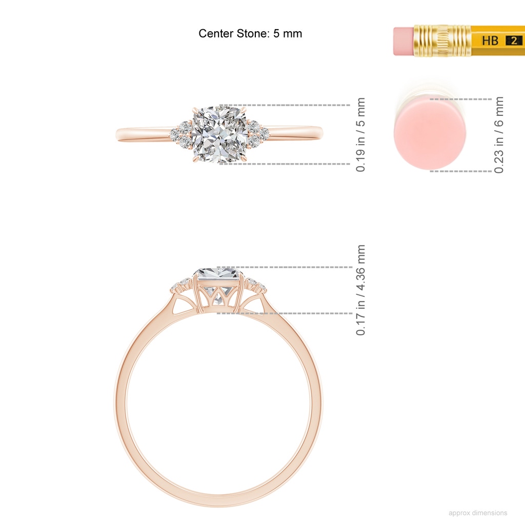 5mm IJI1I2 Cushion Diamond Engagement Ring with Trio Diamonds in Rose Gold ruler