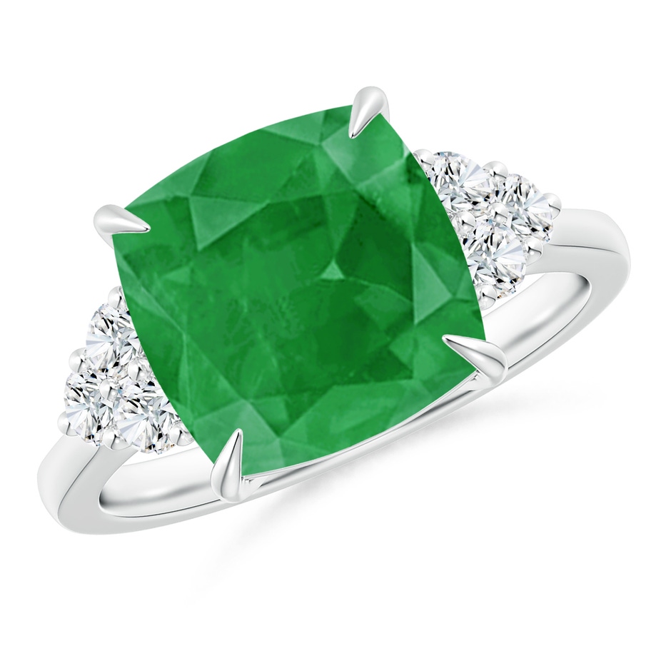 10mm A Cushion Emerald Engagement Ring with Trio Diamonds in P950 Platinum 