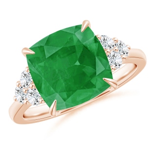 10mm A Cushion Emerald Engagement Ring with Trio Diamonds in Rose Gold