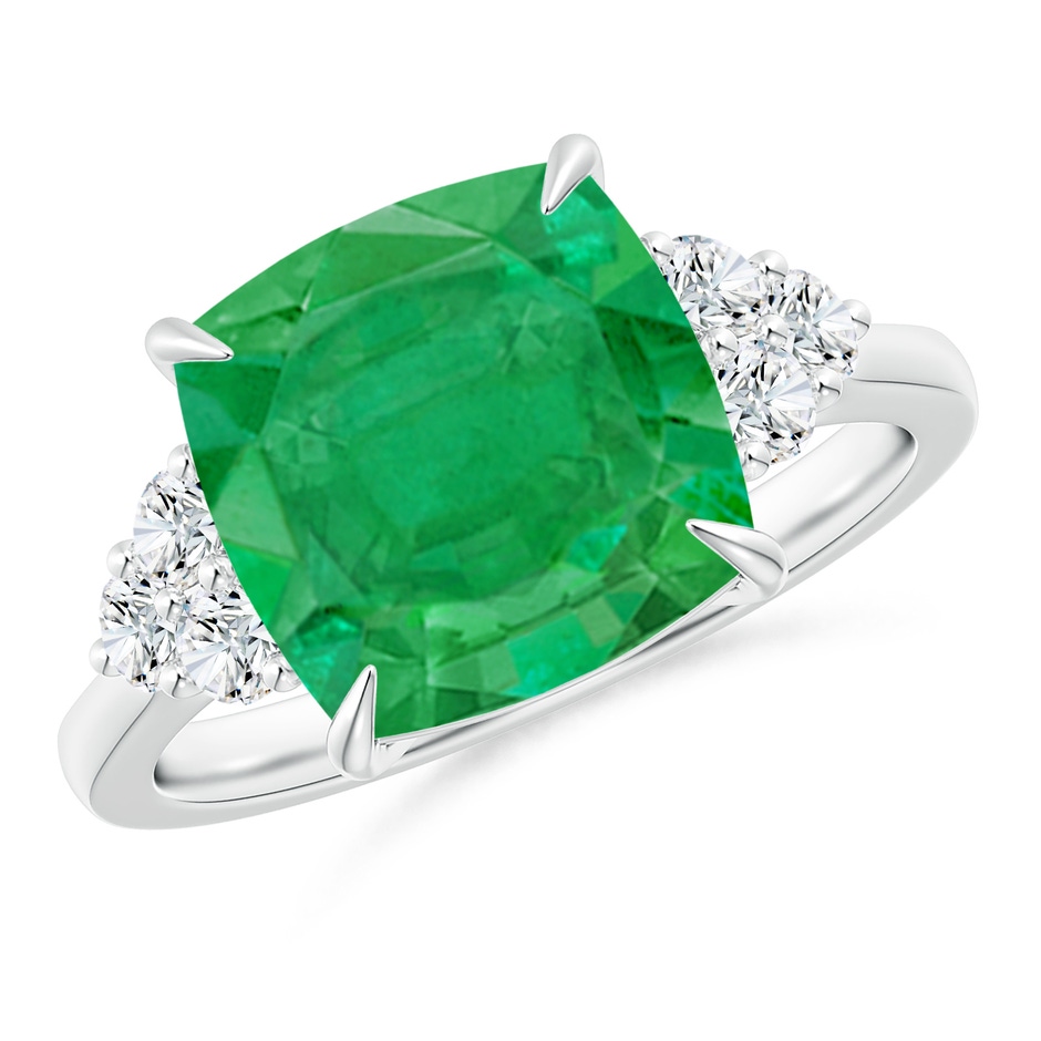 10mm AA Cushion Emerald Engagement Ring with Trio Diamonds in P950 Platinum 