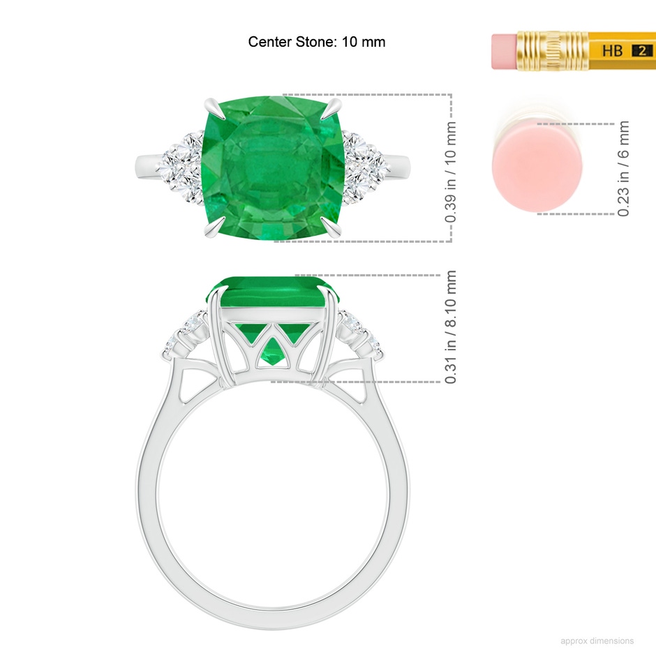 10mm AA Cushion Emerald Engagement Ring with Trio Diamonds in P950 Platinum ruler