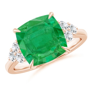 10mm AA Cushion Emerald Engagement Ring with Trio Diamonds in Rose Gold