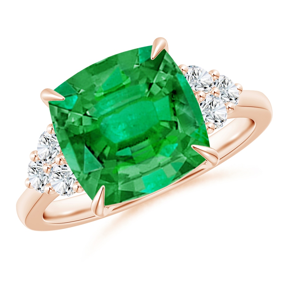 10mm AAA Cushion Emerald Engagement Ring with Trio Diamonds in Rose Gold 