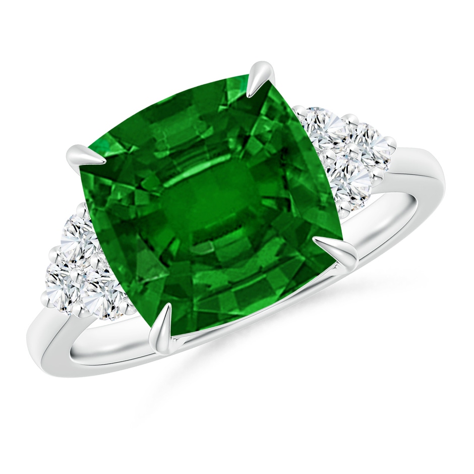 10mm AAAA Cushion Emerald Engagement Ring with Trio Diamonds in P950 Platinum 