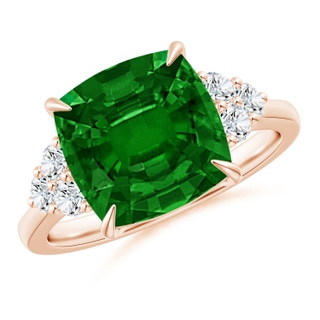 10mm AAAA Cushion Emerald Engagement Ring with Trio Diamonds in Rose Gold