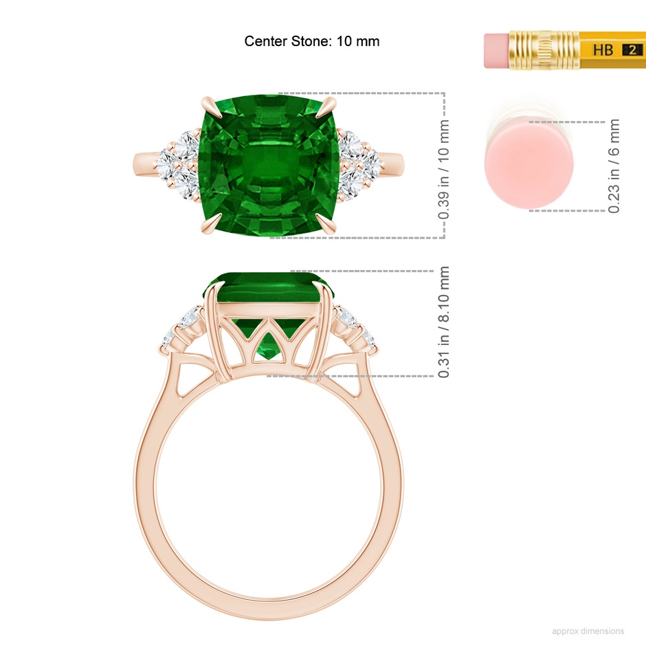 10mm AAAA Cushion Emerald Engagement Ring with Trio Diamonds in Rose Gold ruler