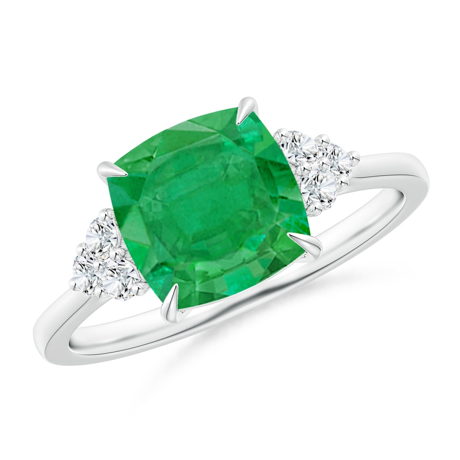 8mm AA Cushion Emerald Engagement Ring with Trio Diamonds in White Gold 