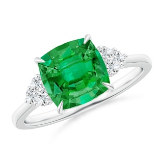 8mm AAA Cushion Emerald Engagement Ring with Trio Diamonds in P950 Platinum