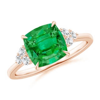 8mm AAA Cushion Emerald Engagement Ring with Trio Diamonds in Rose Gold