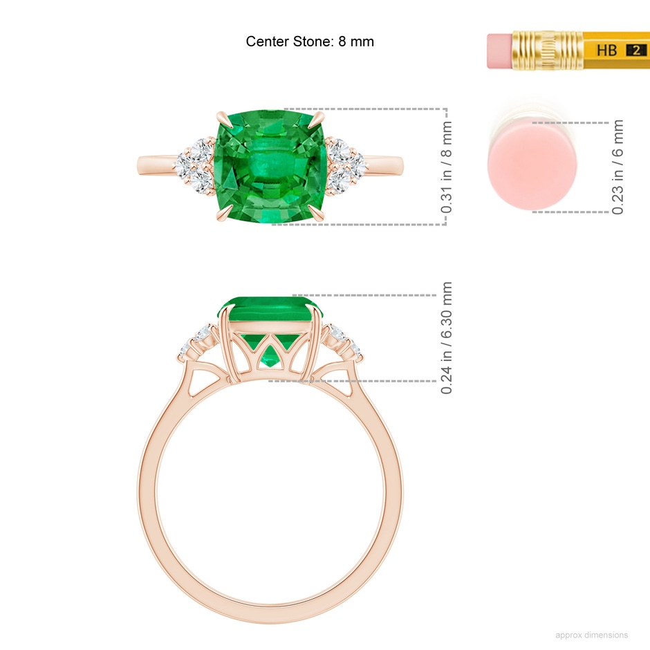 8mm AAA Cushion Emerald Engagement Ring with Trio Diamonds in Rose Gold ruler
