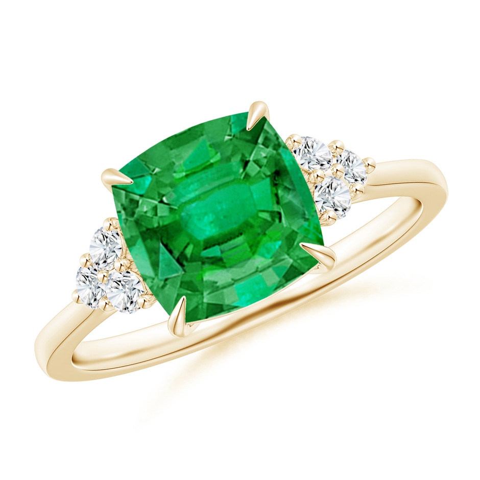 8mm AAA Cushion Emerald Engagement Ring with Trio Diamonds in Yellow Gold 