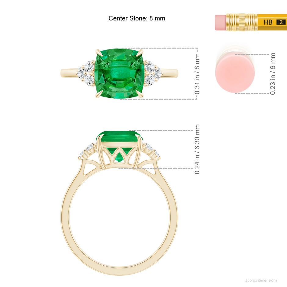 8mm AAA Cushion Emerald Engagement Ring with Trio Diamonds in Yellow Gold ruler