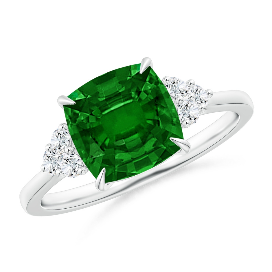 8mm AAAA Cushion Emerald Engagement Ring with Trio Diamonds in P950 Platinum 