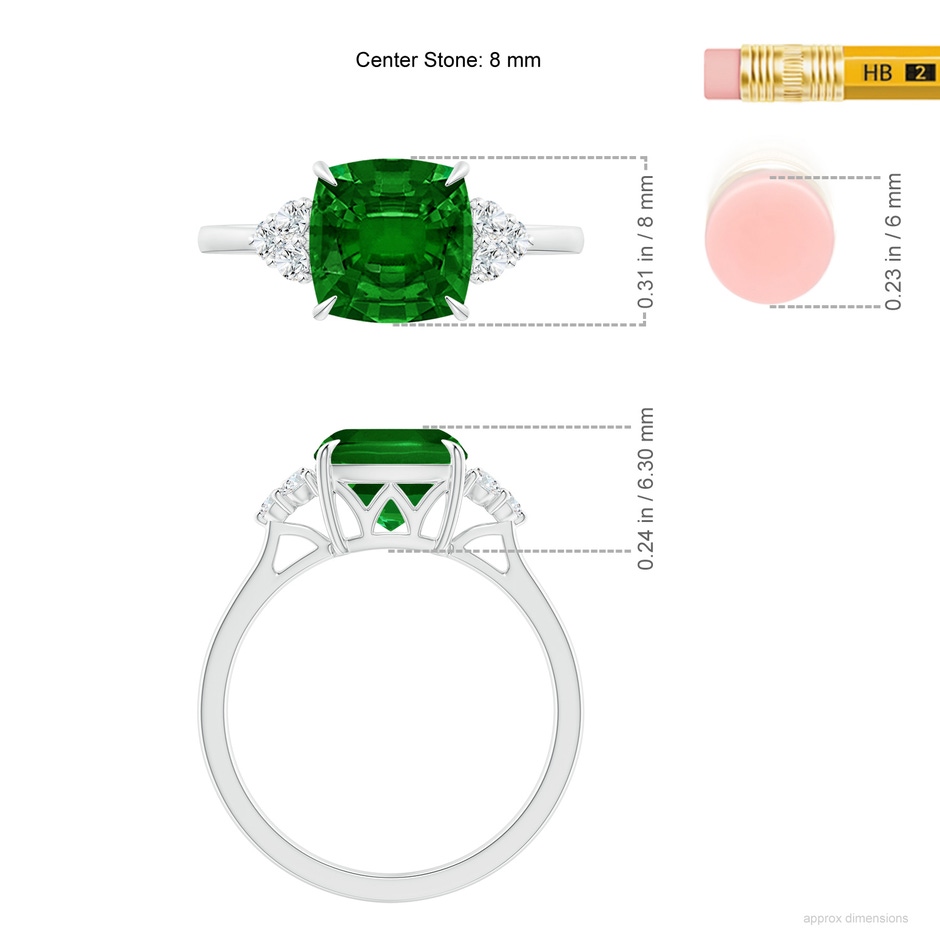 8mm AAAA Cushion Emerald Engagement Ring with Trio Diamonds in P950 Platinum ruler