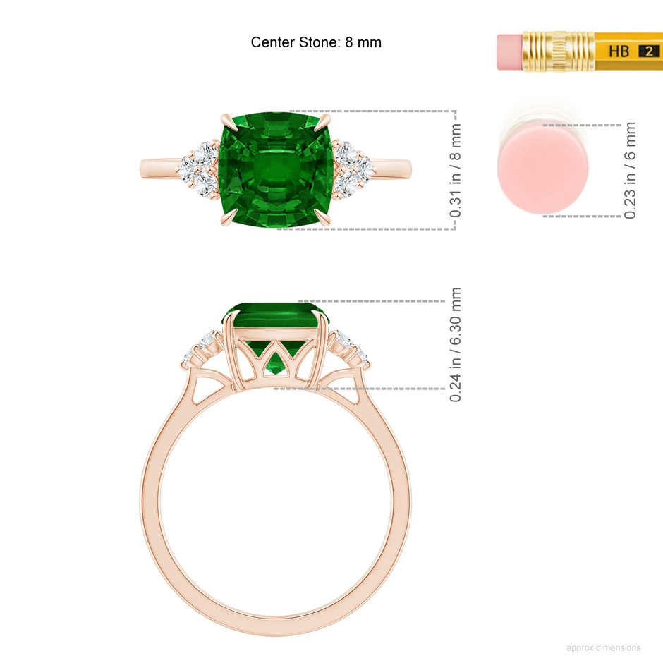 8mm AAAA Cushion Emerald Engagement Ring with Trio Diamonds in Rose Gold ruler