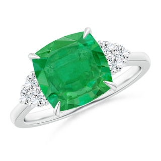 9mm AA Cushion Emerald Engagement Ring with Trio Diamonds in P950 Platinum