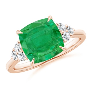 9mm AA Cushion Emerald Engagement Ring with Trio Diamonds in Rose Gold