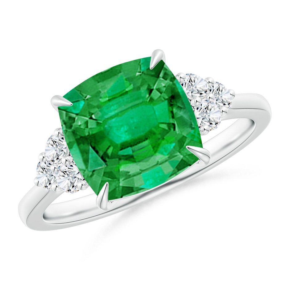 9mm AAA Cushion Emerald Engagement Ring with Trio Diamonds in P950 Platinum 