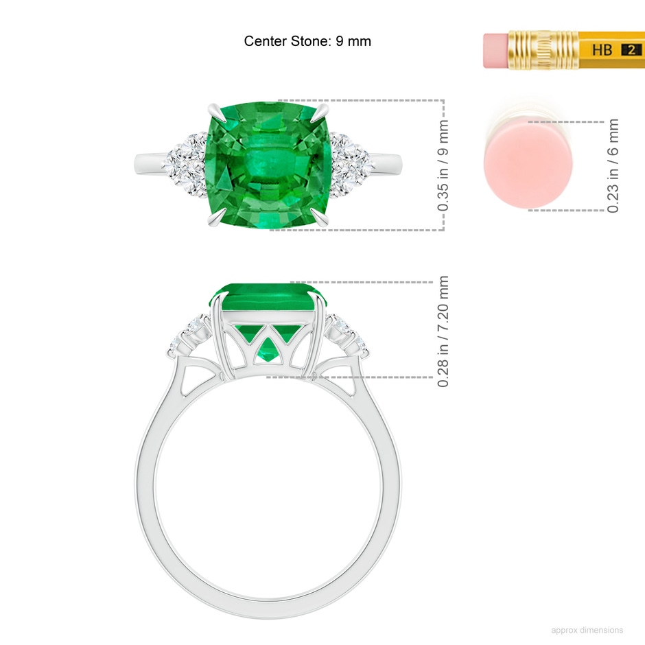 9mm AAA Cushion Emerald Engagement Ring with Trio Diamonds in P950 Platinum ruler