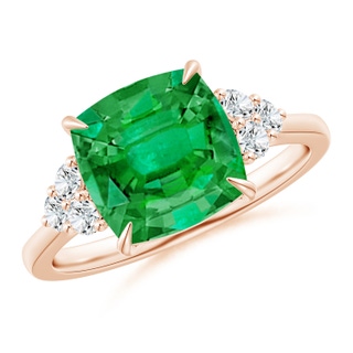 9mm AAA Cushion Emerald Engagement Ring with Trio Diamonds in Rose Gold