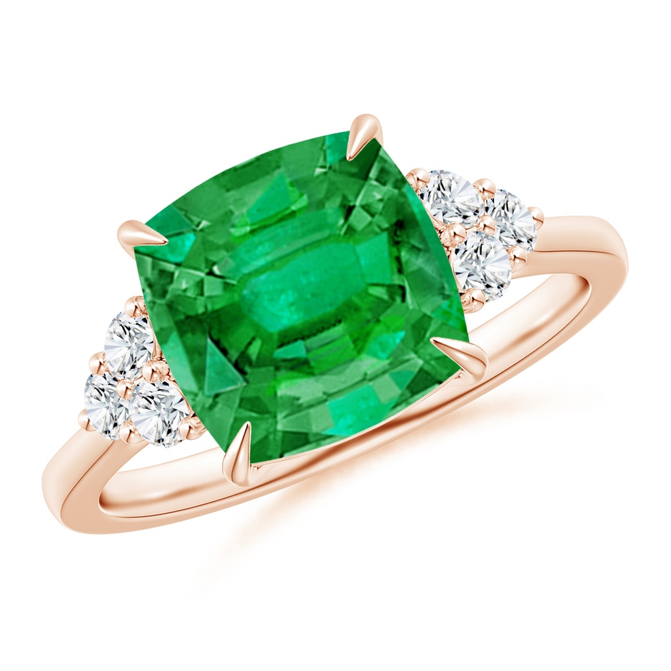 9mm AAA Cushion Emerald Engagement Ring with Trio Diamonds in Rose Gold 